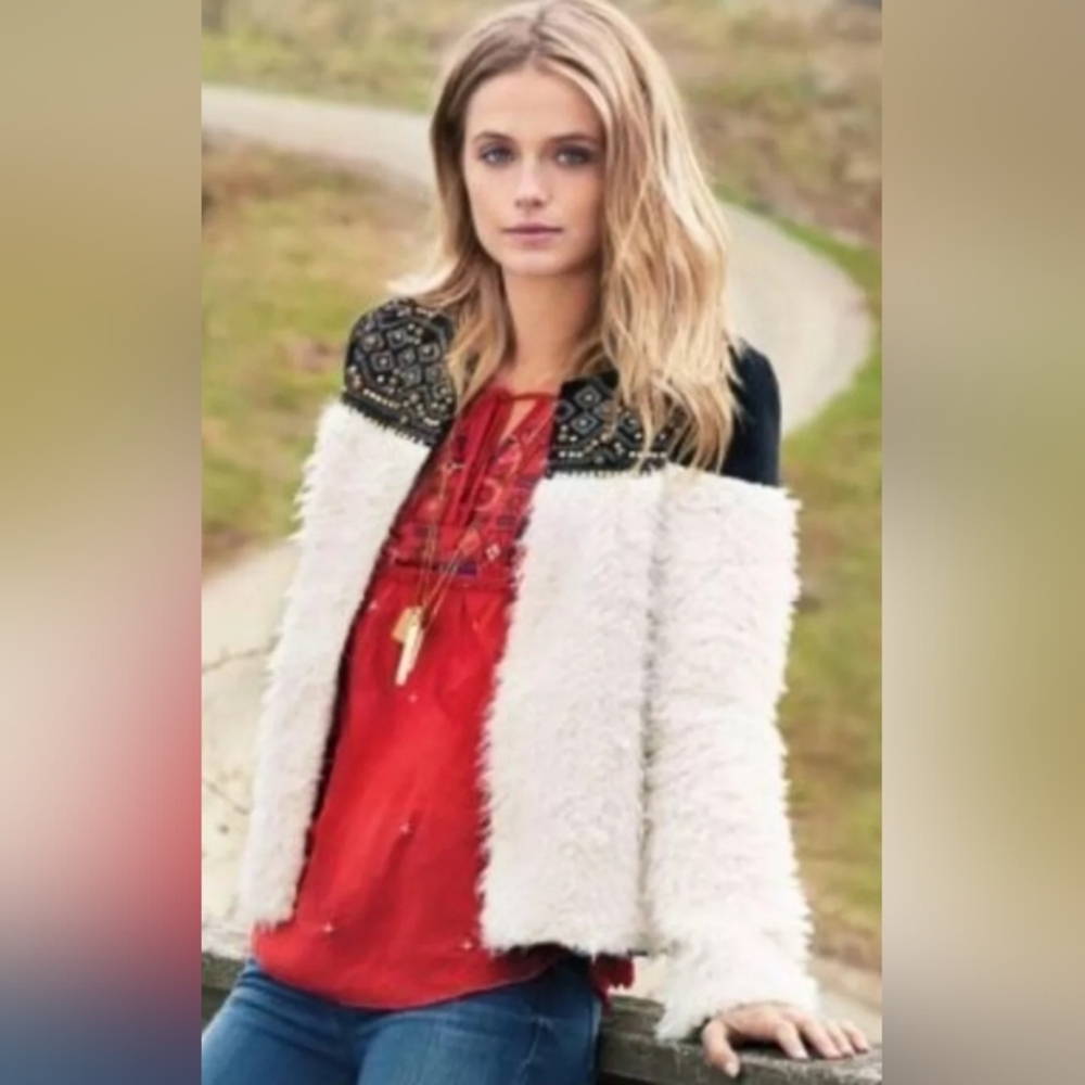 Vintage America Jonna Embellished Cream Faux Fur Boho Festival Jacket XL